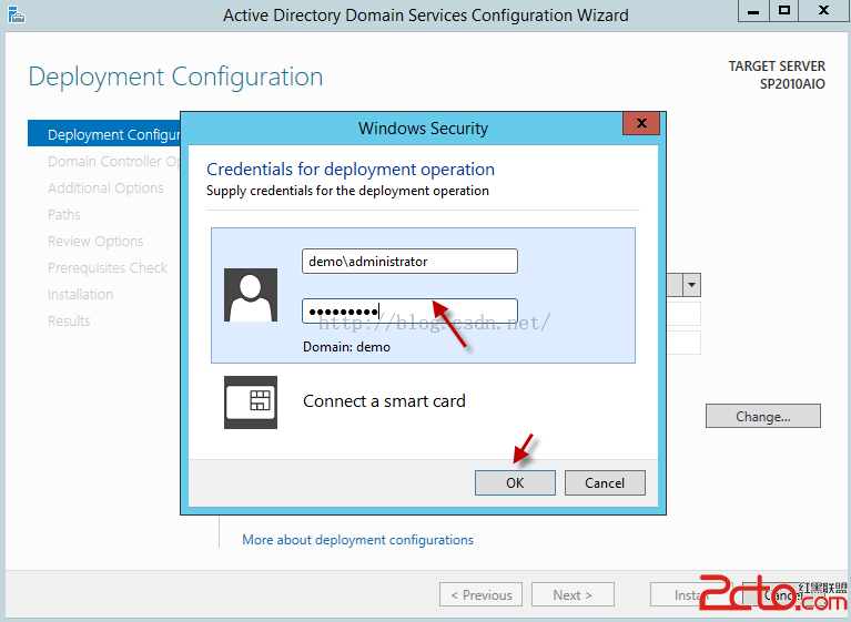 Machine generated alternative text:Actlve Dlrectory Domaln Servlces Conflguratlon WIzard Deployment Configuration Windows Securl 匚 三 # ” = ： 二 on ， § 」 丨 Credentials for deployment operation Supply credentials for the deployment operation demoladministrator Domain: demo Connect a smart card [ 〔 〔 〔 亟 二 ] [ 〕 〕 亟 〕 〕 ] TARGET SERVER Sp2010A10 （ h 引 垮 已 ． Cancel Install Next > More about deployme ， It configurations < 