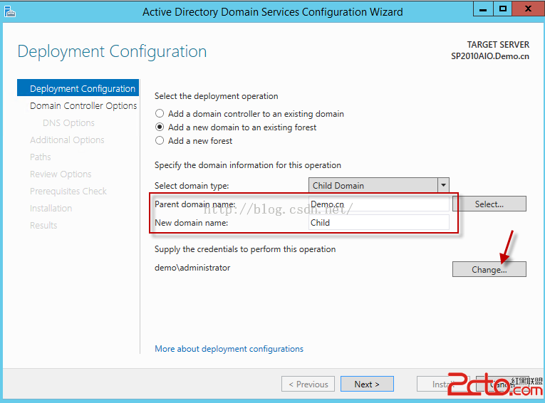 Machine generated alternative text:Actlve Dlrectory Domaln Servlces Conflguratlon WIzard Deployment Configuration Deployment 00n ， § 」 r 以 ， cr Select the deployment operation 匚 0m 引 n Controller Cp ， cn 三 （ 〕 Add a domain controller 10 3 n existing domain @ Add a new domain 10 引 1 existing forest （ 〕 Add a new forest Specify the domain Information forthis operation TARGET SERVER SP2010AIODemo.cn Select... （ h 引 