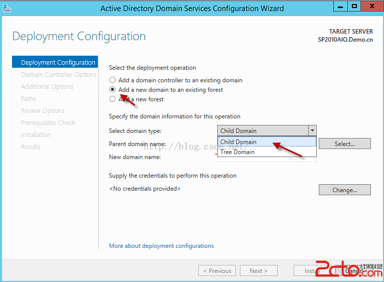 Machine generated alternative text:Actlve Dlrectory Domaln Servlces Conflguratlon WIzard Deployment Configuration Deployment 00n ， § 」 r 以 ， cr Select the deployment operation （ 〕 Add a domain controller 10 3 n existing domain ． 以 d a new domain 10 引 1 existing forest new forest Specify the domain Information forthis operation TARGET SERVER SP2010AIODemo.cn Select... （ h 引 垮 已 ． Select domain type 巳 New ， — Child Domain Child Domain Tree Domain Next > Suppb